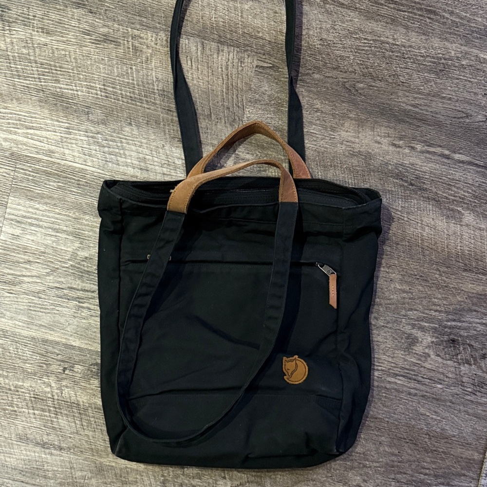 Fjallraven Black Tote Bag with Brown Accents